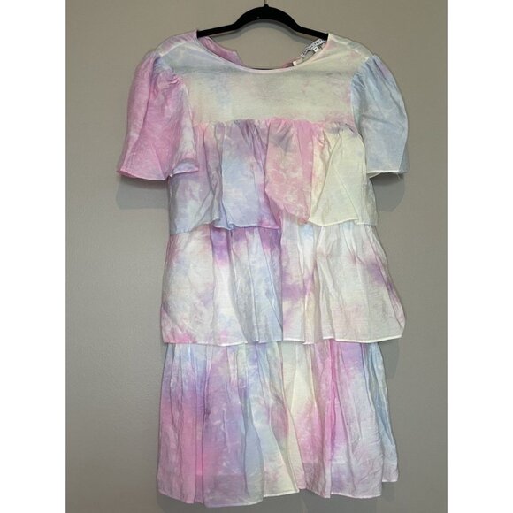 English Factory Tie Dye Pastel A Line Dress Tiered Ruffle Mini Dress Pink XS - Picture 2 of 8